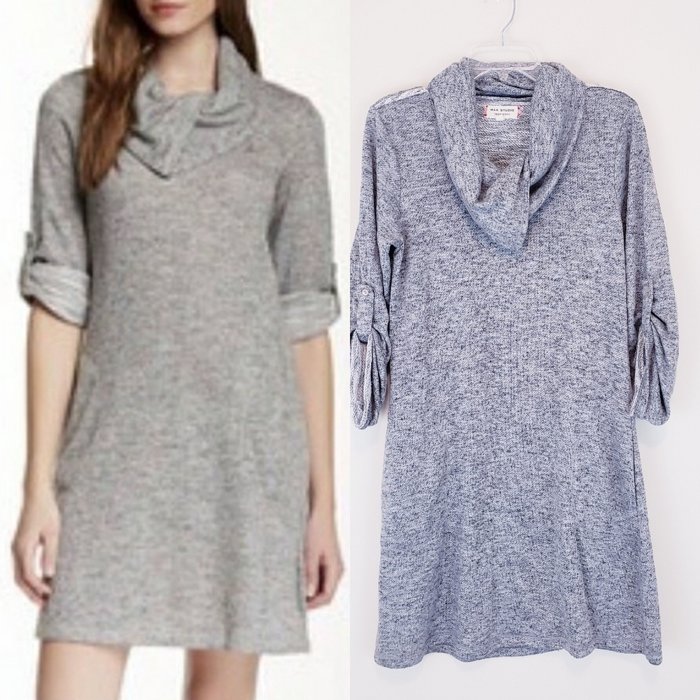 Max Studio Weekend Gray Cowlneck Sweater Dress Tunic Size Large Knit Heather